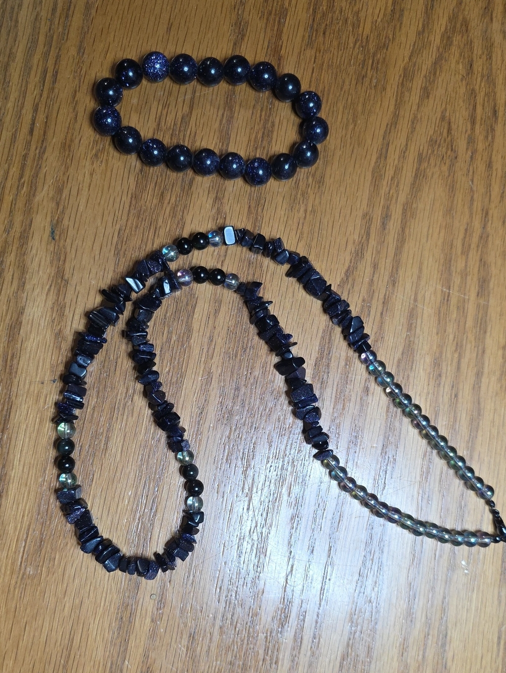 Blue Goldstone Beaded Bracelet Set - Blue Stretch Bracelet with Matching Strand